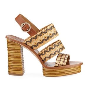 Tory Burch Paris & woven Raffia Block Heel Sandal Leather Wedge